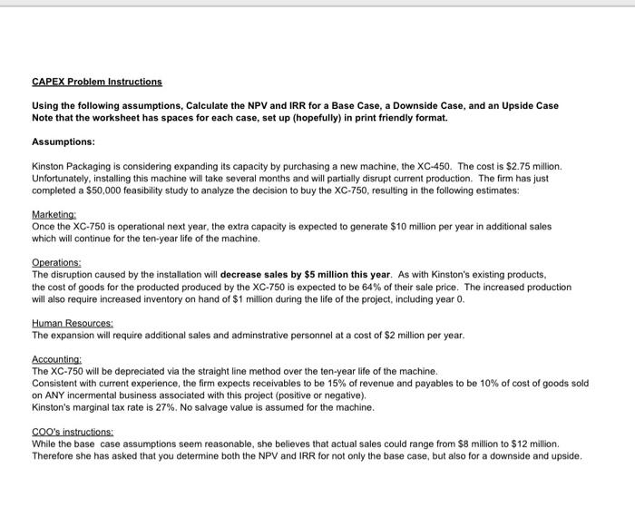  just complete the base case sheet that is provided CAPEX Problem