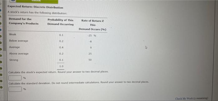 help me solve please Expected Return: Discrete Distribution A stock's return has