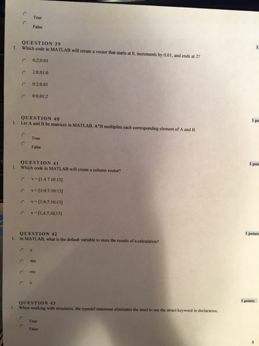  Which code in MATLAB will create a vector that starts at