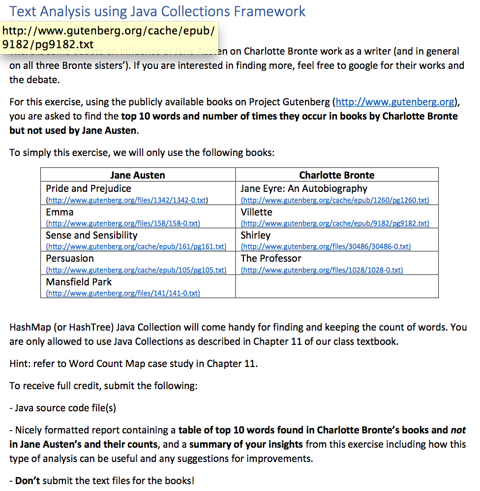  Text Analysis using Java Collections Framework http: //www.gutenberg.org/cache/epub/9182/pg9182.txt on Charlotte Bronte