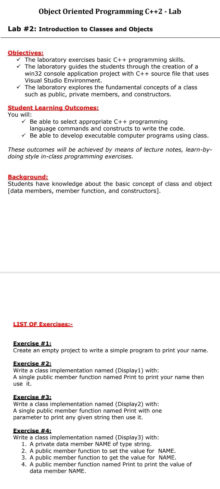  Object Oriented Programming C++2 - Lab Lab #2: Introduction to Classes