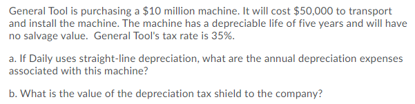  General Tool is purchasing a $10 million machine. It will cost