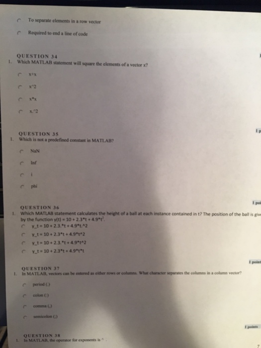  Which MATLAB statement will square the elements of a vector x?