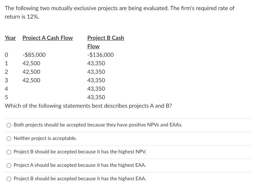The following two mutually exclusive projects are being evaluated. The firm's required
