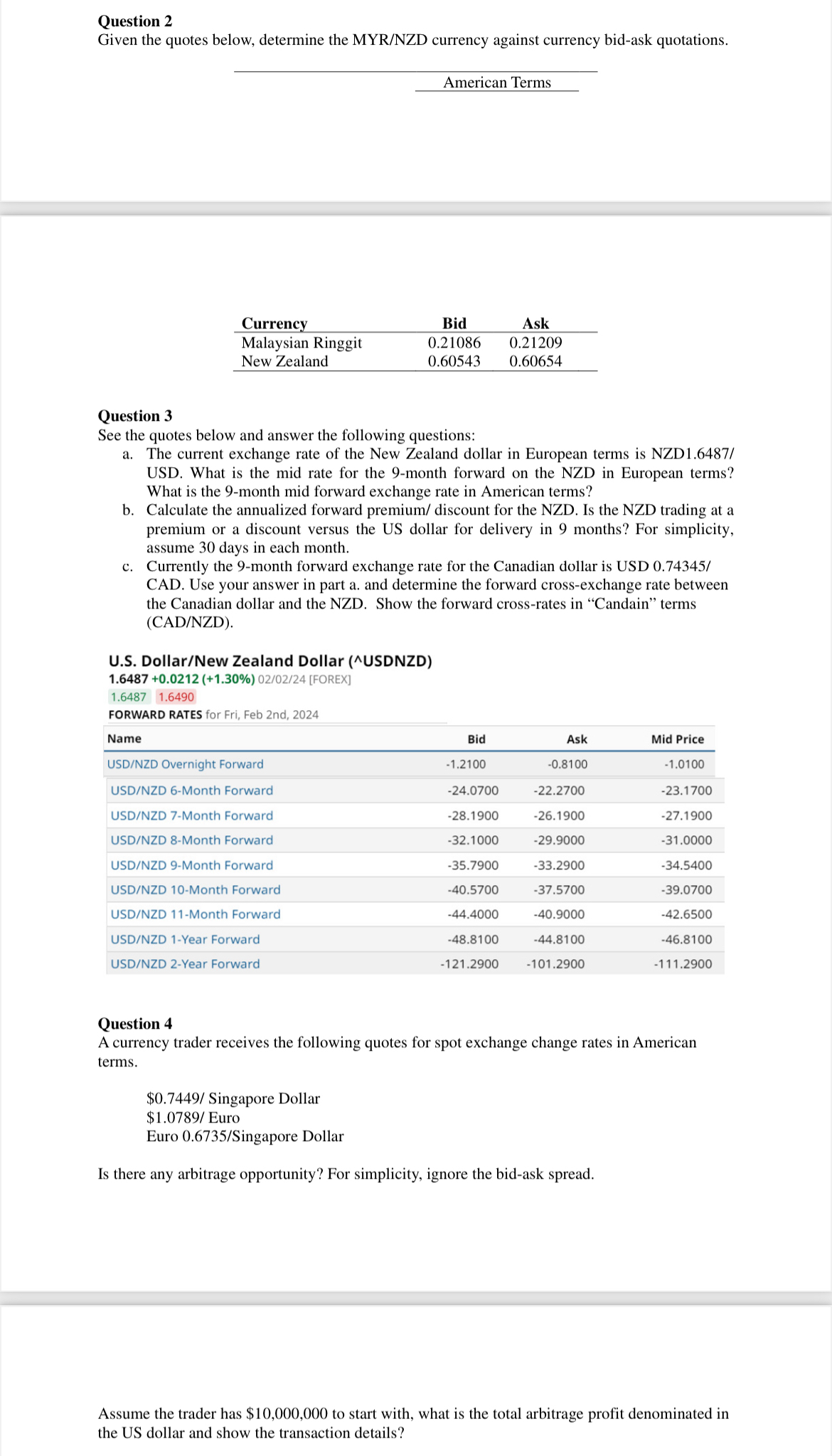  Question 2 Given the quotes below, determine the MYR/NZD currency against
