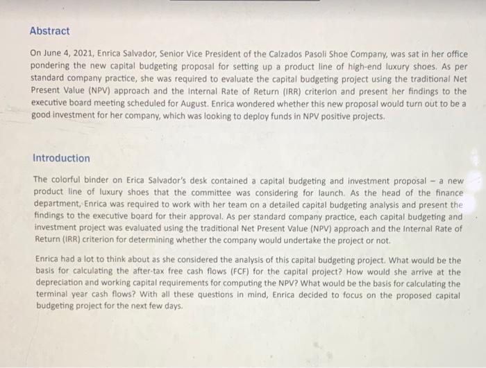 of 2.5m pairs of shoes, Enrica would like the capital budgeting analysis