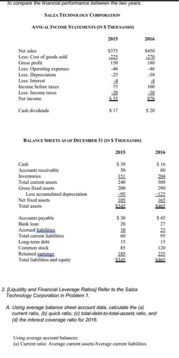 EXERCISES/PROBLEMS 1. [ROA and ROE models and Ratio Components] The Salza Technology