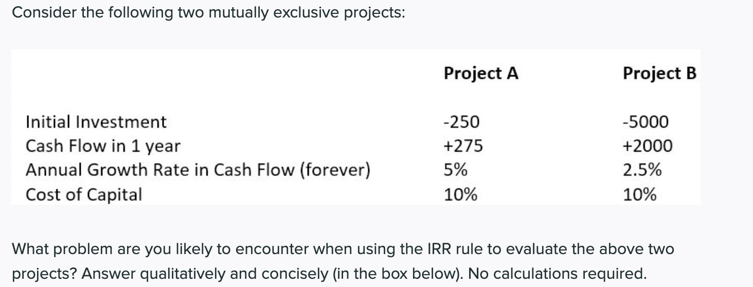 Consider the following two mutually exclusive projects: Project A Project B