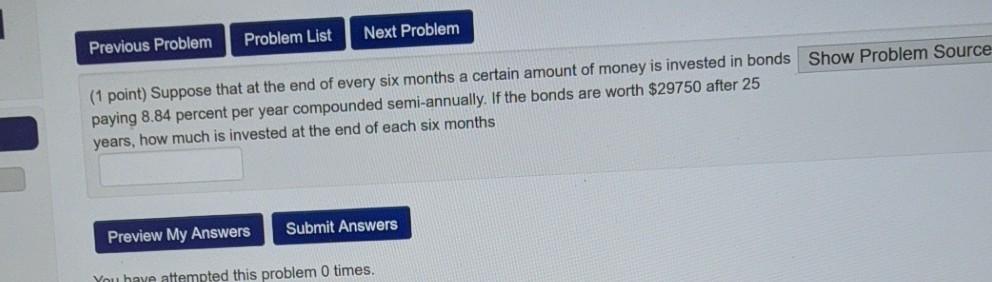  Problem List Next Problem Previous Problem (1 point) Suppose that at