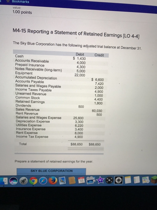  Bookmarks value: 1.00 points M4-15 Reporting a Statement of Retained Earnings