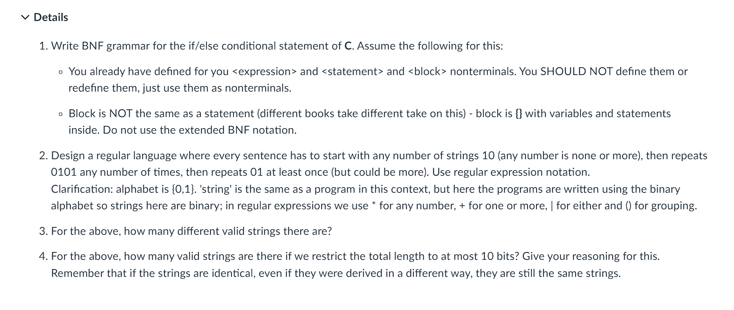  Details Write BNF grammar for the if/else conditional statement of C.