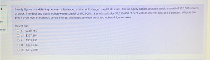  Pnorty Systems is debating between a leveraged and an unieveraged capital