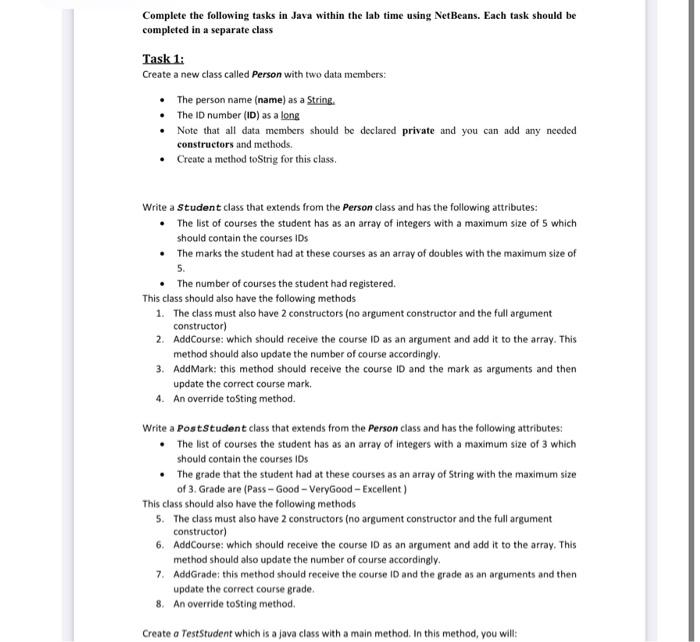  Complete the following tasks in Java within the lab time using