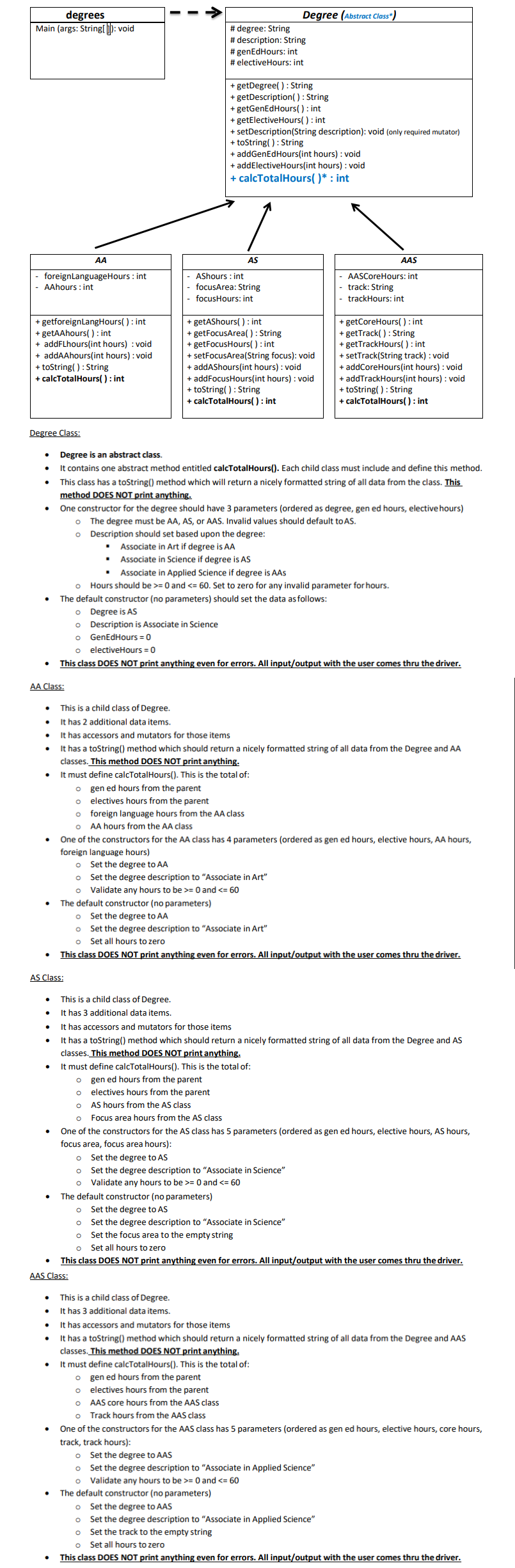  Please add a driver that tests the classes. Java degrees Main