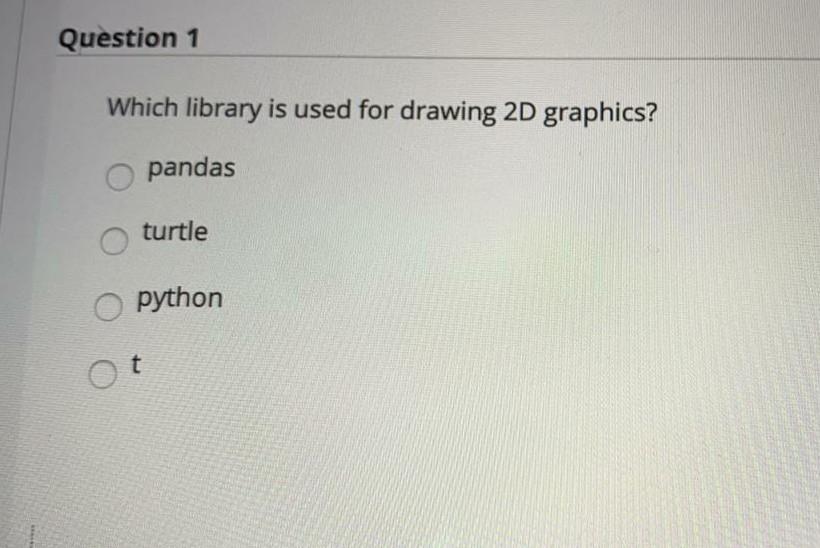 Question 1 Which library is used for drawing 2D graphics? pandas