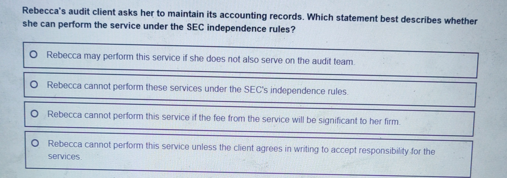  Rebecca's audit client asks her to maintain its accounting records. Which