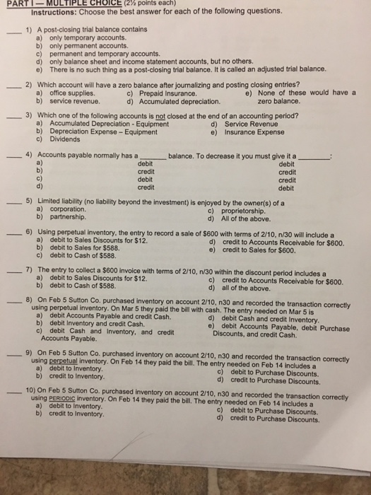  PARTI-_ MULTIPLE CHOICE (2% points each) Instructions: Choose the best answer