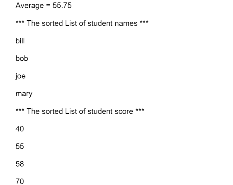  USING PYTHON Average = 55.75 *** The sorted List of student