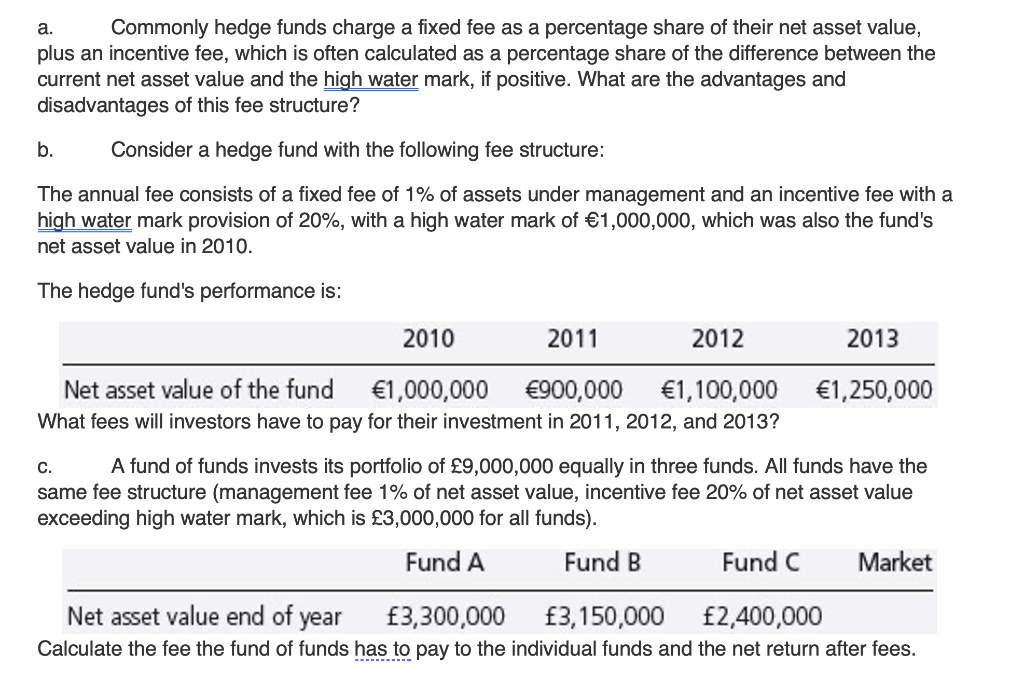 a. Commonly hedge funds charge a fixed fee as a percentage