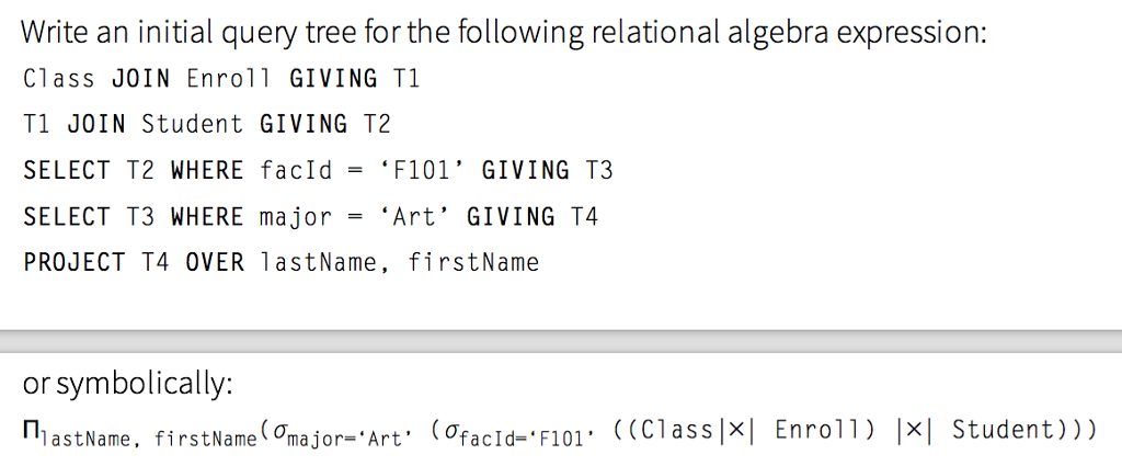 Please Help Write an initial query tree for the following relational algebra