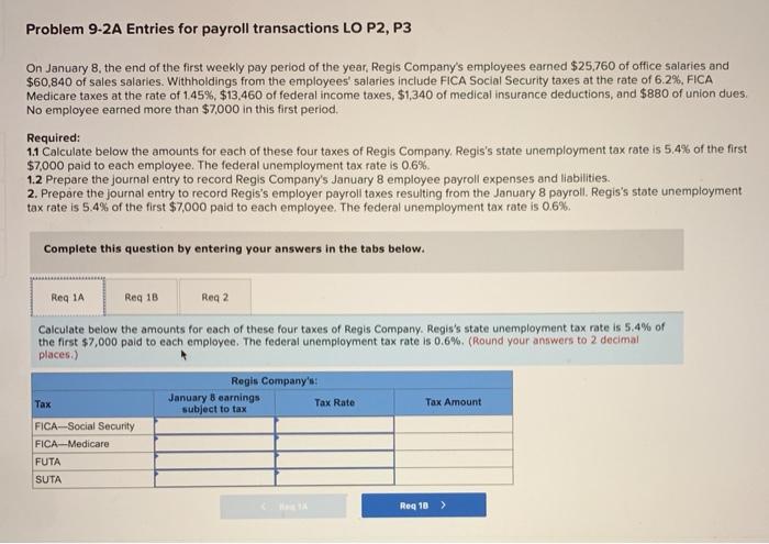  Problem 9-2A Entries for payroll transactions LO P2, P3 On January