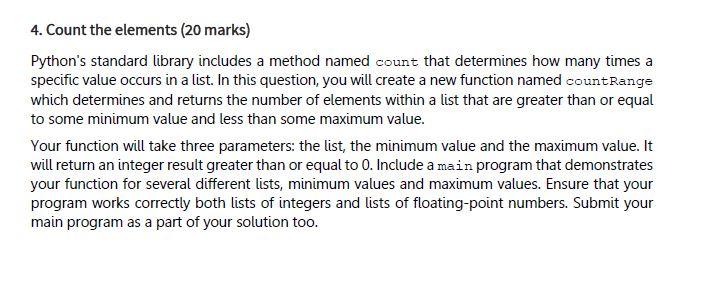  language is python 4. Count the elements (20 marks) Python's standard