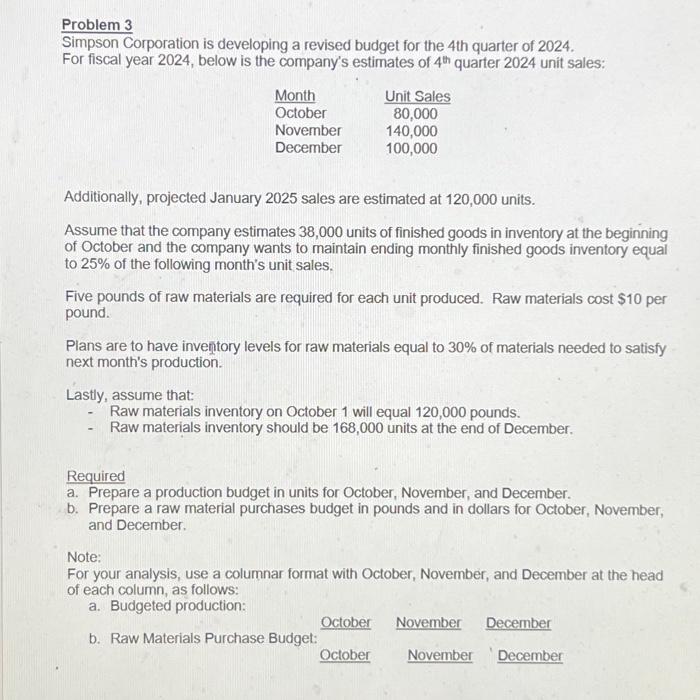  Problem 3 Simpson Corporation is developing a revised budget for the