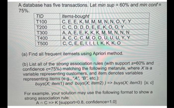  A database has five transactions. Let min sup = 60% and