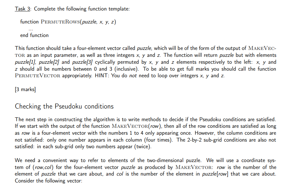  Task 3: Complete the following function template: function PERMUTERows(puzzle, x, y,