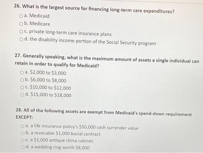  26. What is the largest source for financing long-term care expenditures?