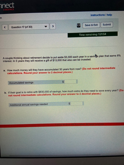  nect FINANCE Instructions I help m Save & Exit Submit Question