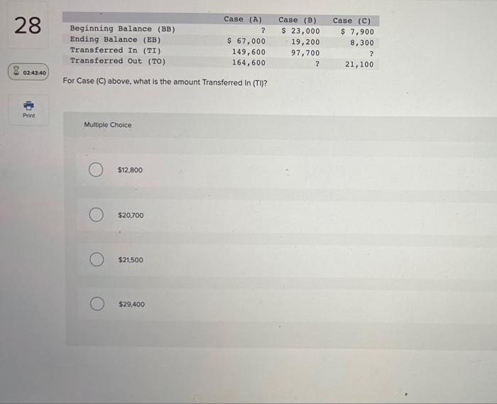 amount Transferred Out (TO)? Multiple Choice $93,900 $101,500 $116,900 $120.700 For Case