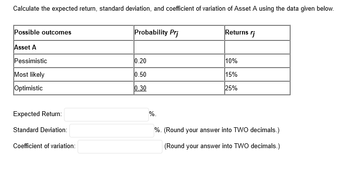  Calculate the expected return, standard deviation, and coefficient of variation of