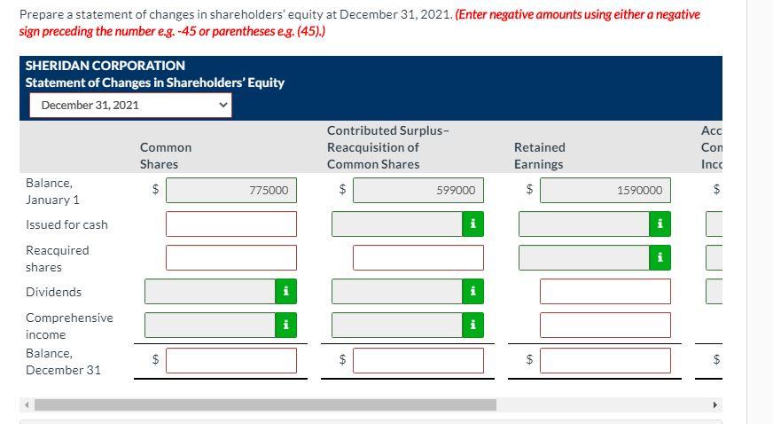  Prepare a statement of changes in shareholders' equity at December 31,