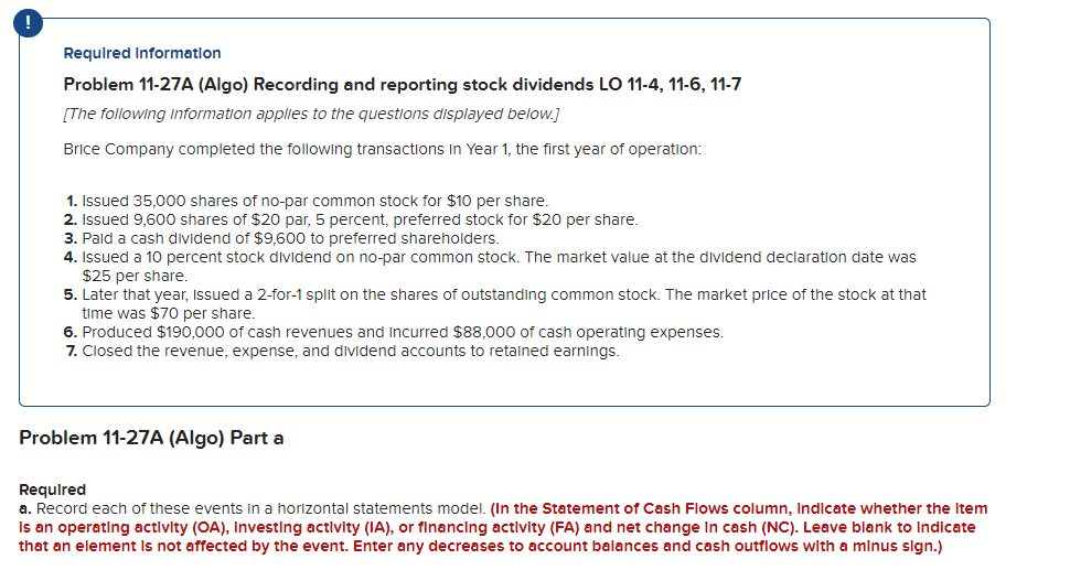  Required Information Problem 11-27A (Algo) Recording and reporting stock dividends LO