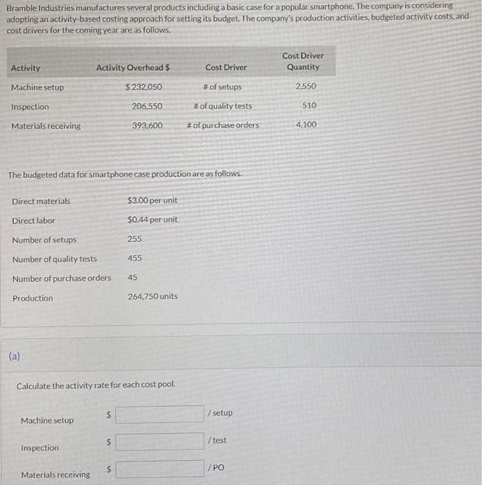 please answer all boxes for thumbs up Bramble Industries manufactures several products