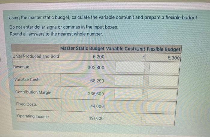  Using the master static budget, calculate the variable cost/unit and prepare