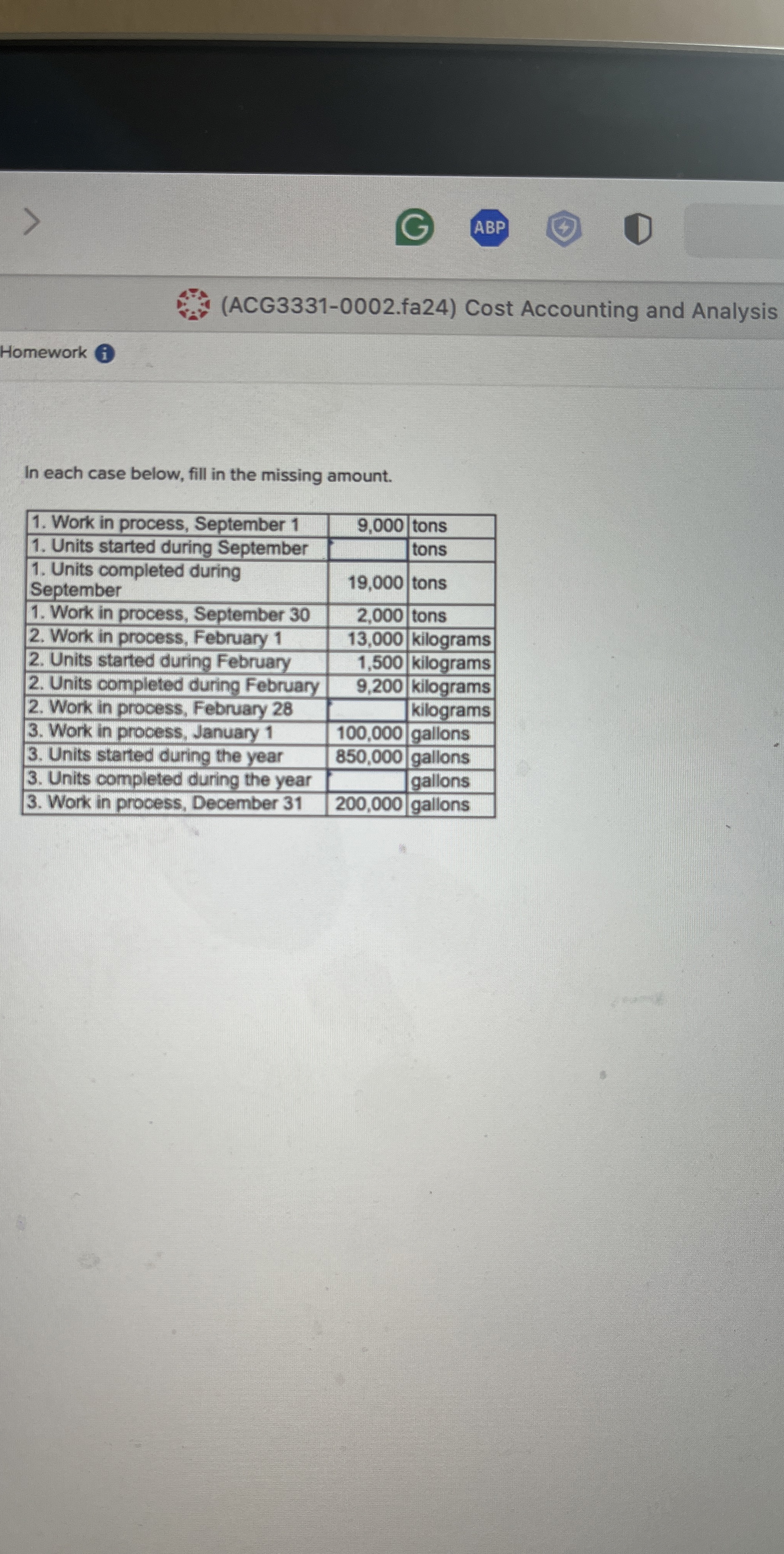  (ACG3331-0002.fa24) Cost Accounting and Analysis Homework In each case below, fill