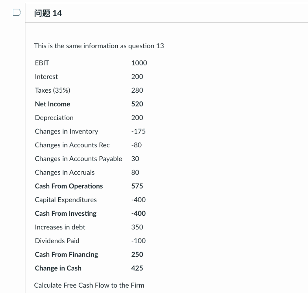 14 This is the same information as question 13 EBIT 1000