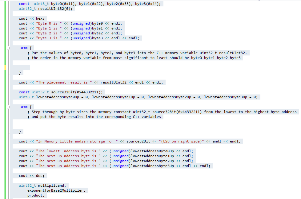 Write the required embedded (_asm) assembler code for each section in the