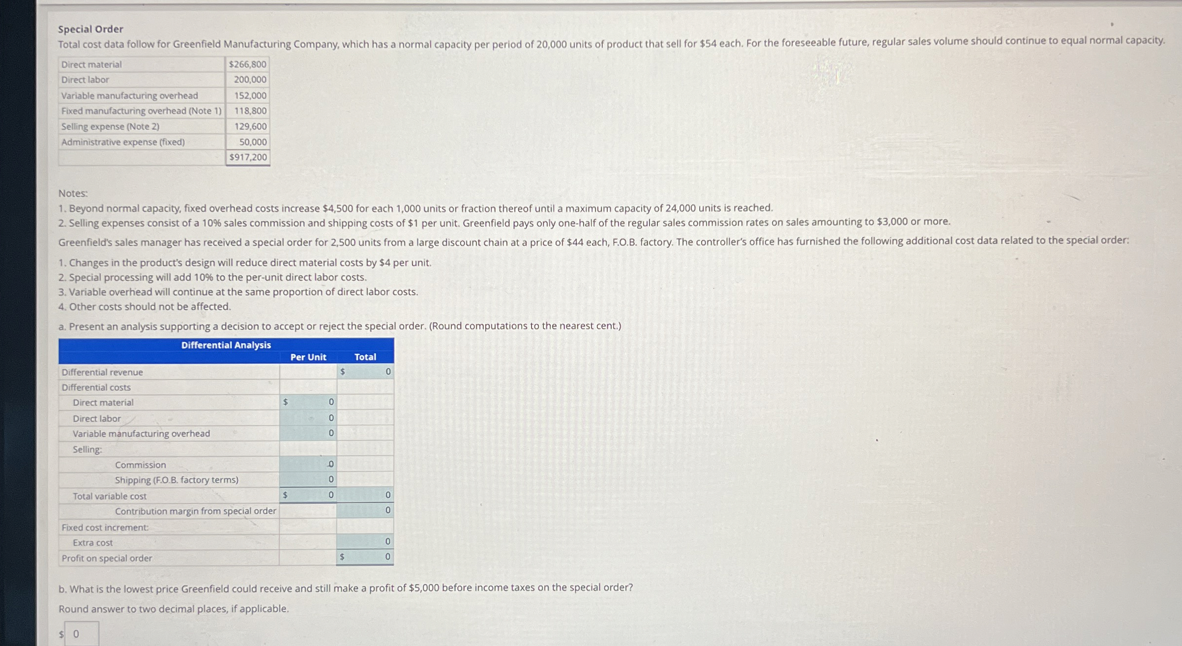  Special Order \table[[Direct material,$266,800 