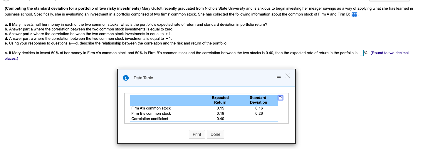 (Computing the standard deviation for a portfolio of two risky investments,