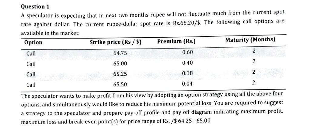please solve this question. Question 1 A speculator is expecting that