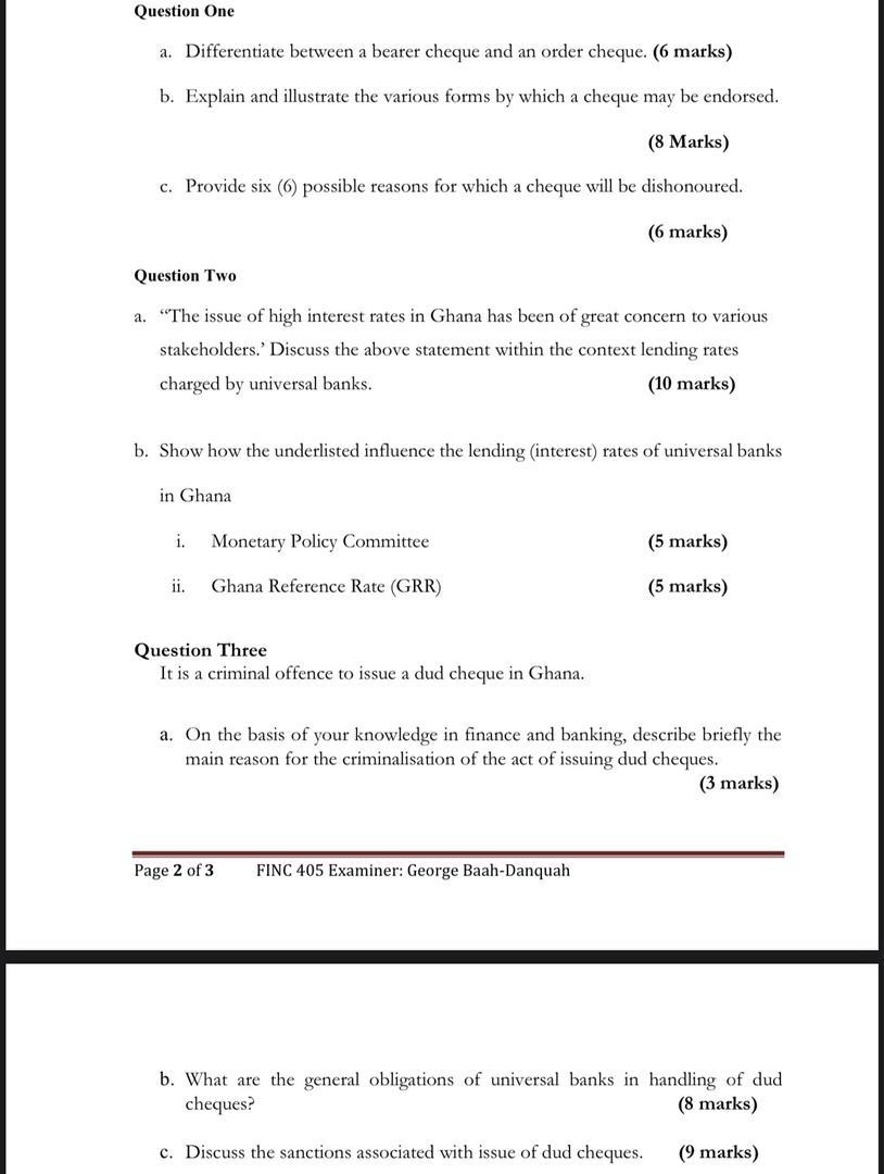  Question One a. Differentiate between a bearer cheque and an order