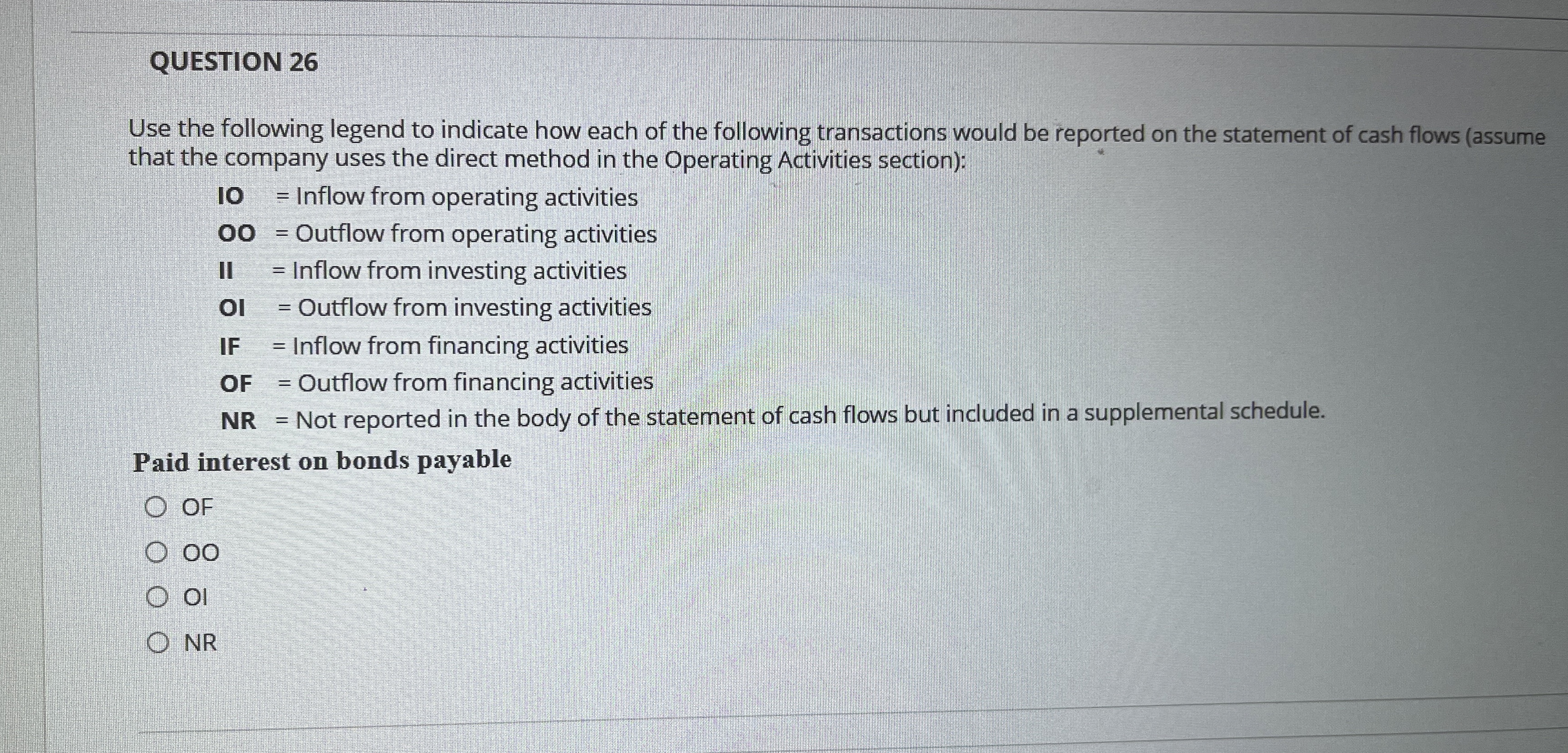  QUESTION 26 Use the following legend to indicate how each of