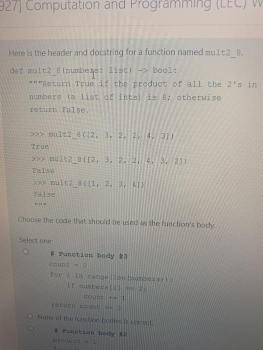  27] Computation and Programming (LEC Here is the header and docstring