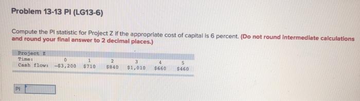  Problem 13-13 PI (LG13-6) Compute the Pl statistic for Project Z