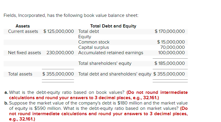 Fields, Incorporated, has the following book value balance sheet: $ 170,000,000