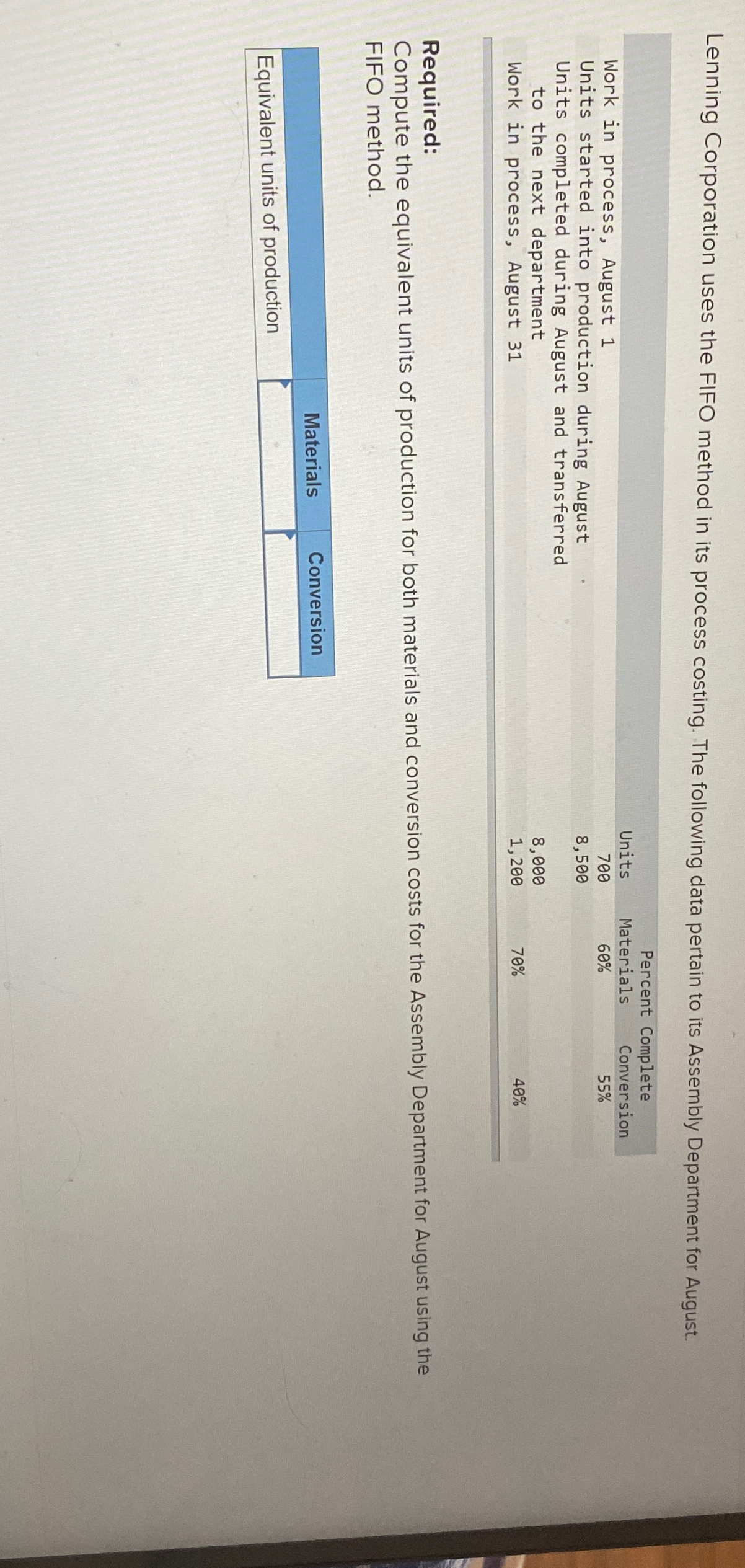  Lenning Corporation uses the FIFO method in its process costing. The