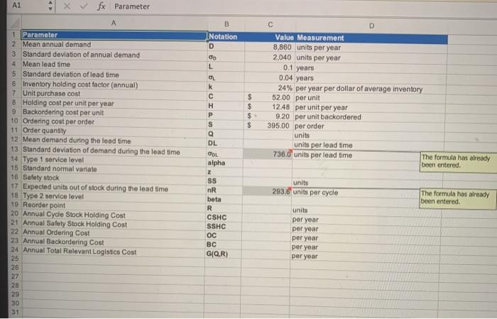 inventory forecast analytic A1 fx Parameter B Notation D L OL k
